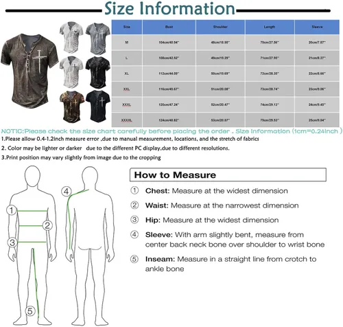 Vista 3 de Mens Cotton Blend Solid Short Sleeve Henley Shirt,Double Headed Eagle Cross Gothic Printed Urban Stylish Shirt