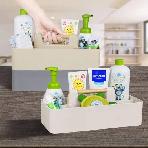 Vista 6 de Organizador de plástico para baby shower, organizador portátil de almacenamiento para niños/niños, cesta dividida con mango de madera para baño