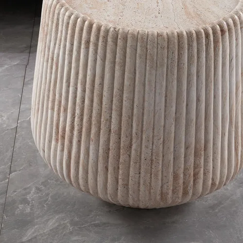 Vista 6 de SSLine Mesa auxiliar moderna de tambor para sala de estar, mesa auxiliar redonda acanalada con forma de tambor de piedra sintética para oficina