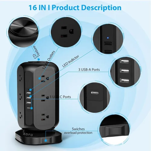 Vista 4 de Torre de tira de alimentación AOFO con protector contra sobretensiones, 12 tomas de CA con estación de carga de 4 USB (1 USB C) con protección