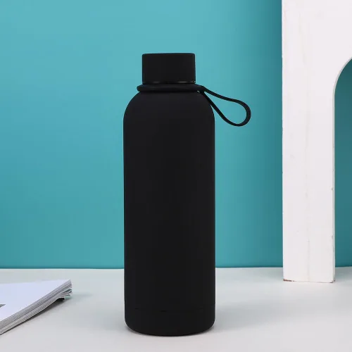 Vista 5 de Botella de agua deportiva de boca estrecha con aislamiento de doble pared de acero inoxidable con asa, frasco de vacío en forma de cola (negro)