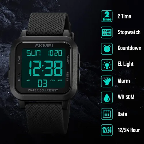Vista 3 de SKMEI Reloj deportivo digital para hombre, ultra delgado, de cara grande, impermeable, con cronómetro, temporizador de cuenta regresiva, función