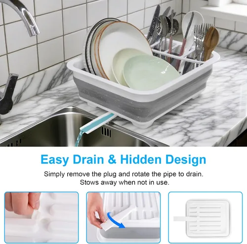 Vista 2 de Escurridor de platos plegable con tubo de tapón de drenaje, escurreplatos portátiles para encimera de cocina, estante plegable para secar platos