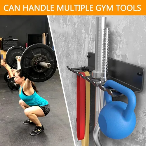 Vista 6 de Organizador de gimnasio, colgador de accesorios de gimnasio en casa, ganchos de montaje en pared para mancuernas olímpicas, asas de fila