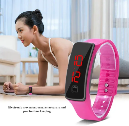 Vista 4 de Reloj de pulsera LED, correa de silicona deportiva Digitaces de 12 horas Dial Relojes de pantalla electrónica, Rosado, Moderno
