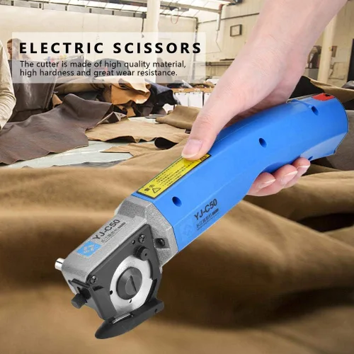 Vista 2 de 4500rpm 35W Tijeras eléctricas de tela recargable de tela de cuero cortador Tijeras de corte de tela de cuchillo redondo 100-240V enchufe de EE. UU