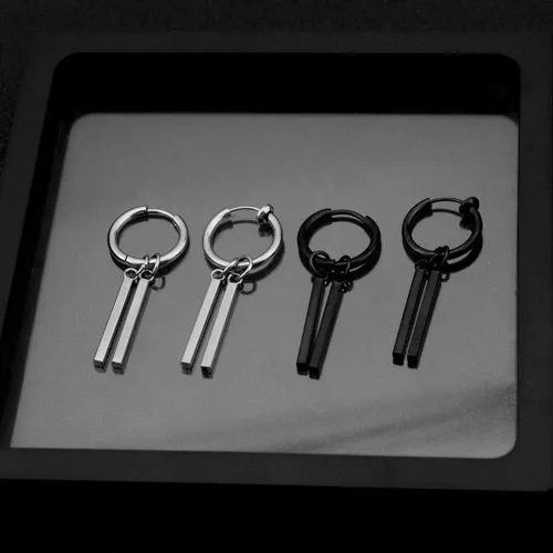 Vista 3 de Aretes colgantes minimalistas de doble barra pequeña de aro pequeño para hombres, mujeres, niños y niñas, dijes de acero inoxidable 316L, aros