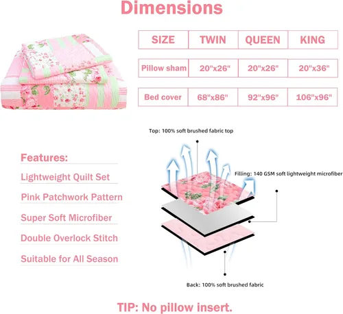 Vista 6 de Colcha floral con 1 funda de almohada, tamaño individual, juego de edredón de retazos rosa de 2 piezas, edredón de verano para niñas y mujeres