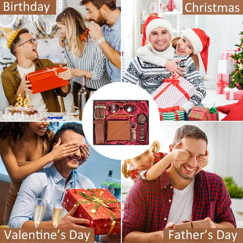Vista 6 de Juego de regalo de 6 piezas para hombre con caja cinturón de cuero marrón cartera reloj lentes llavero bolígrafo aniversario cumpleaños día de San
