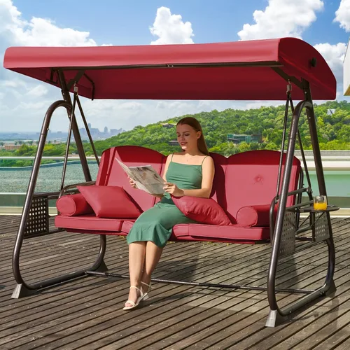 Vista 22 de Columpio de porche para exteriores 3 en 1 con toldo ajustable, columpio de 3 asientos para adultos, columpio de patio con cojines gruesos, almohadas