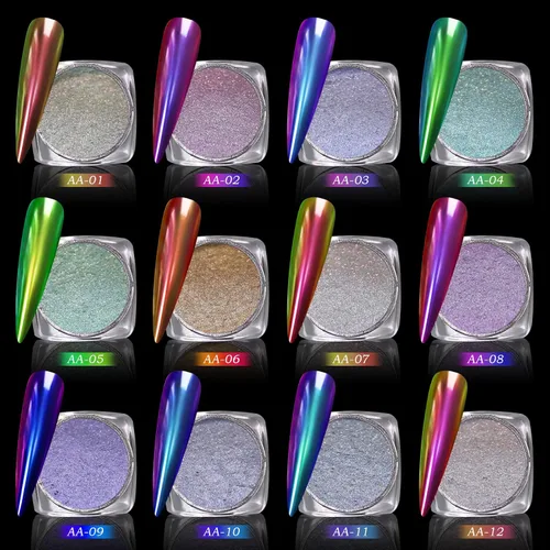 Vista 2 de Polvo de uñas holográfico cromado brillante con diamantes, polvo metálico con purpurina reflectante efecto galaxia mágica para arte de uñas