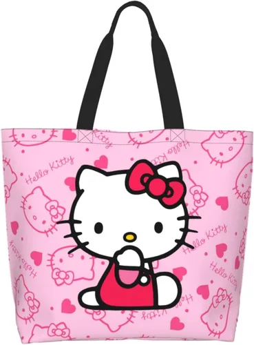Vista 2 de Bolso de mano Kawaii rosa con gato para mujer, lindo bolso de hombro grande, bolso cruzado para el trabajo, viajes, compras