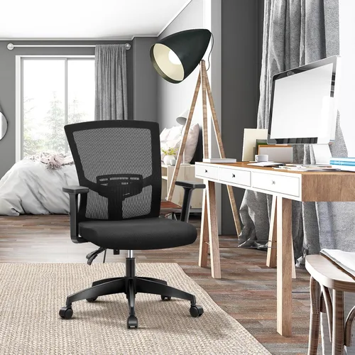 Vista 2 de ALPHA HOME Silla de oficina ergonómica, silla de computadora de malla con respaldo medio con soporte lumbar, taburete ejecutivo con reposabrazos