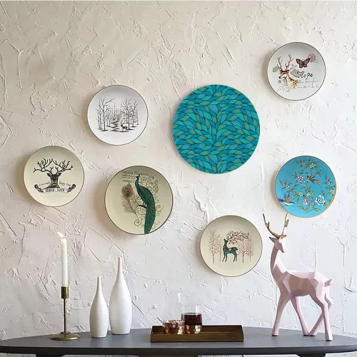 Vista 5 de Placa de exhibición de cerámica, placa decorativa colgante de cerámica verde azulado, diseño abstracto de ondas con motivo oceánico, 6 pulgadas
