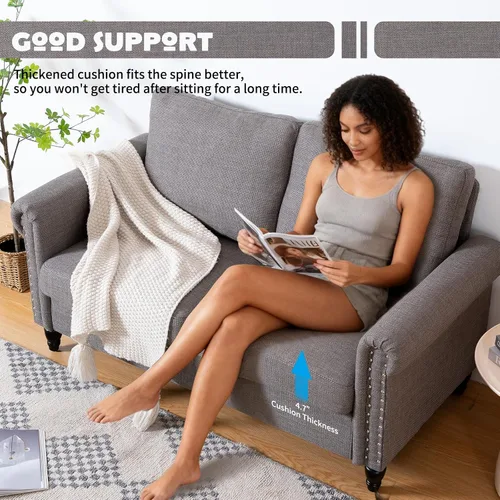 Vista 3 de J.C.UP Sofá biplaza de 57 pulgadas, sofás pequeños para sala de estar con tela de lino, cómodo sofá tapizado para dormitorio con patas de madera Gris
