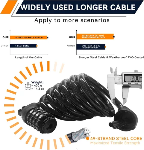 Vista 6 de SEPOX® Paquete de 2 piezas de 1.83 m de cable extra largo con combinación para bicicleta, cerradura de seguridad retráctil de 4 dígitos, cable de 12