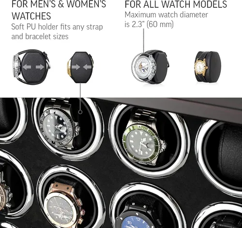 Vista 6 de Bobinadora de 12 relojes para relojes automáticos con luz LED y control de pantalla táctil LCD, Ébano + Negro, Compacto