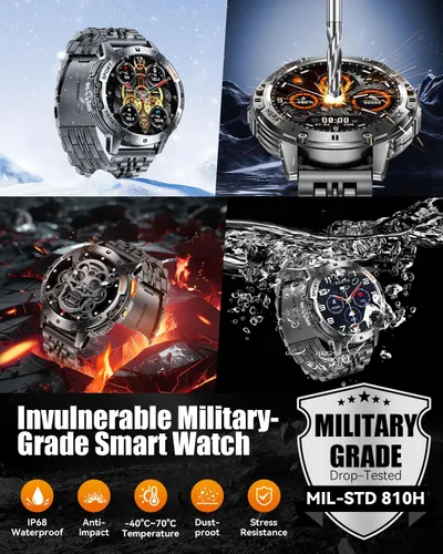 Vista 8 de Relojes inteligentes militares para hombre con llamada Bluetooth, reloj inteligente AMOLED impermeable de 1.43 pulgadas con linterna, 111 modos