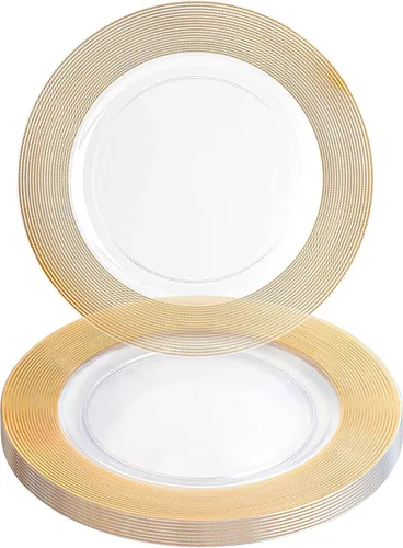 Vista 41 de PARTY BARGAINS Placas de carga de 13 pulgadas, paquete de 4, borde dorado transparente, cargadores desechables resistentes para comedor elegante Un