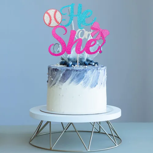 Vista 2 de Él or She Gender Reveal Cake Topper - Decoración para pastel de béisbol o lazos para niño o niña, suministros de anuncio de embarazo azul o rosa