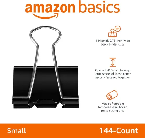 Vista 3 de Amazon Basics - Clips resistentes para carpetas de oficina, 144 unidades (paquete de 12 de 12), pequeños, 0.75 pulgadas, negros