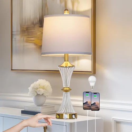 Vista 10 de Rinweey - Lámpara de mesa de vidrio azul con puertos USB C+A y salidas de AC, lámpara de noche costera para mesitas de noche, dormitorio, sala