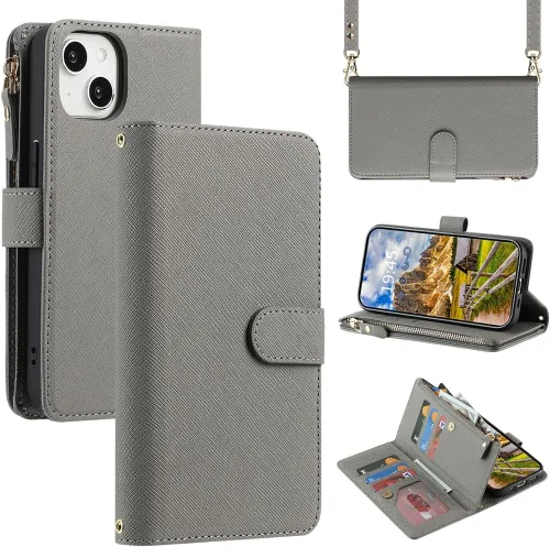 Vista 8 de Funda Cartera para iPhone 13/14 con Tarjetero, Funda Cruzada con Correa para el Hombro, Bolsillo con Cremallera Cartera de Cuero PU para iPhone 13