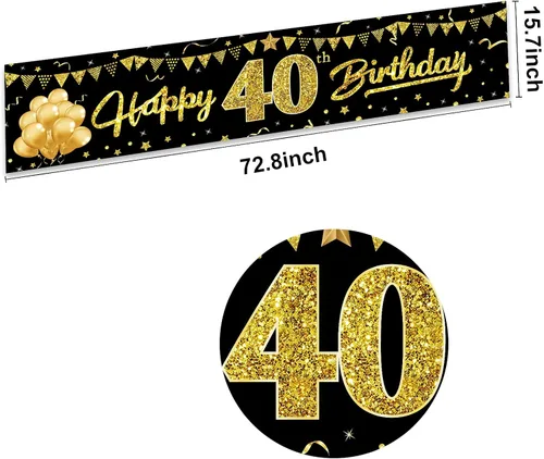 Vista 2 de Cartel decorativo de cumpleaños número 40 para hombres y mujeres, suministros de fiesta de letrero negro y dorado de 40 años, decoración de fiesta