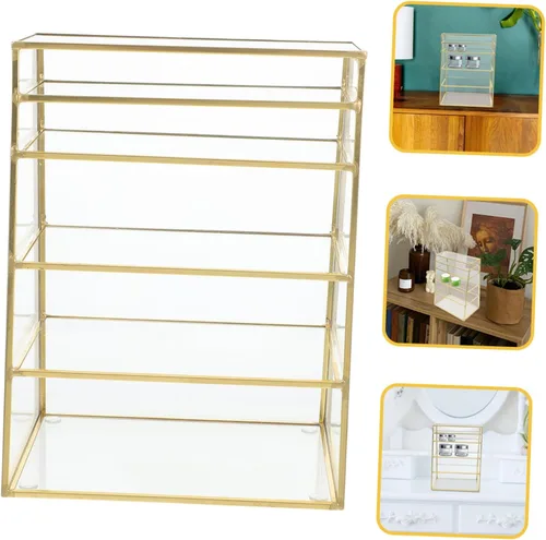 Vista 6 de Organizador de maquillaje de 5 capas, caja de almacenamiento de escritorio para lápiz labial, sombra de ojos, cosméticos, estética, cobre y vidrio