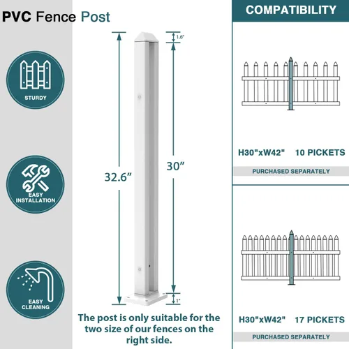 Vista 2 de ECOOPTS 76 cm de altura Valla de PVC blanco poste de piquete de vinilo para valla de piquete