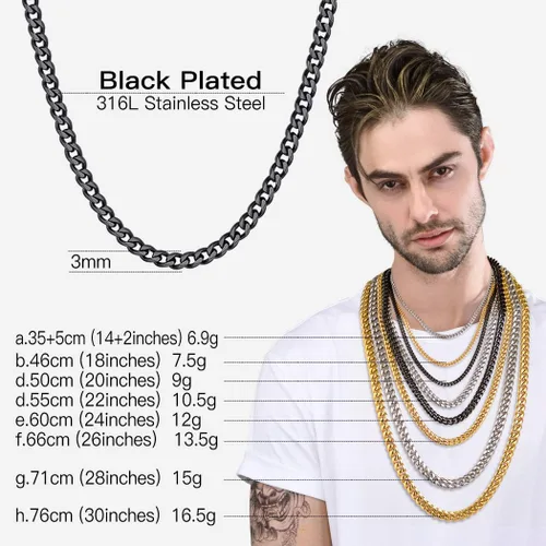 Vista 8 de Cadena cubana de acero inoxidable 316L para hombres y mujeres, chapada en oro de 18 quilates, chapada en oro y negro, 0.12,0.24,0.36 y 0.48 in