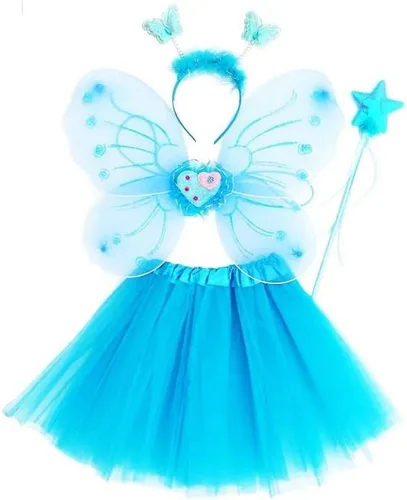 Vista 6 de Fun Play Disfraz de hada para niñas, alas de hada de mariposa, tutú, varita mágica, diadema para 3 a 8 años