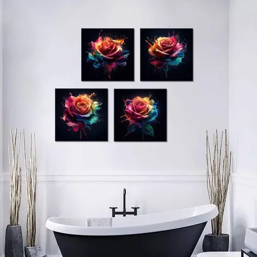 Vista 85 de Wall HDQ Arte de pared de flores para baño, dormitorio, sala de estar, decoración de pared azul y naranja, pintura floral, lienzo impreso, imagen