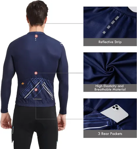 Vista 46 de Santic - Camiseta de ciclismo para hombre, manga larga, reflejante, cremallera completa, con bolsillos
