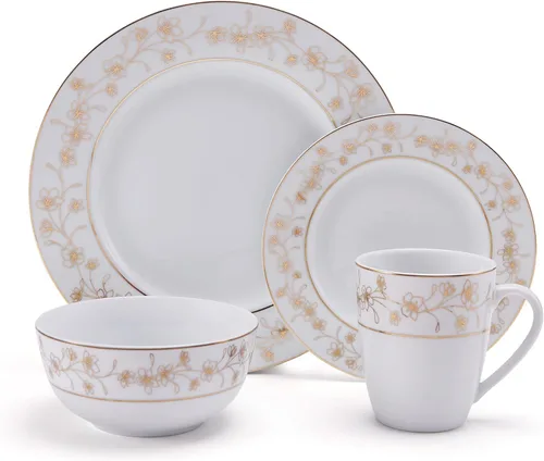Vista 2 de Mikasa Juego de vajilla floral de 32 piezas, color dorado metálico, servicio para 8, color blanco
