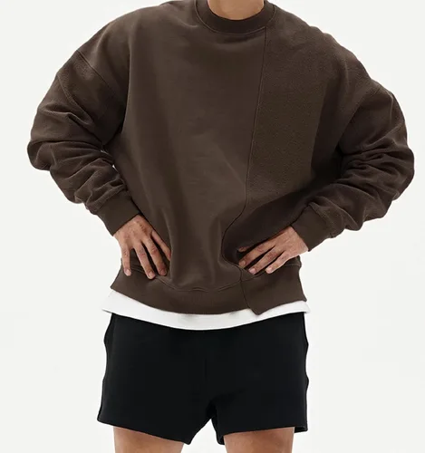 Vista 5 de babyhealthy Sudaderas con cuello redondo para hombre, diseño de retazos, informal, dobladillo irregular, para entrenamiento, deportes, color marrón