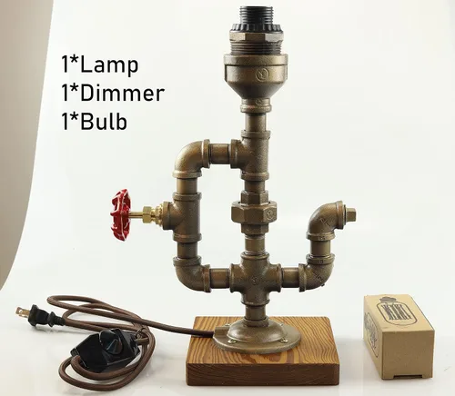 Vista 5 de Lámpara Steampunk con atenuador, regulable estilo loft industrial vintage estilo antiguo luz con bombilla, base de madera con tuberías de hierro