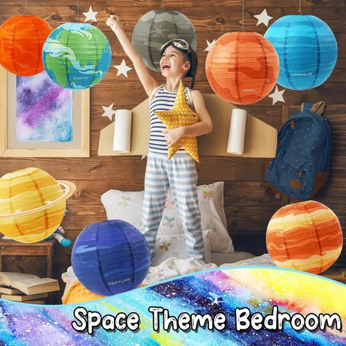 Vista 6 de Faroles de papel de planeta espacial de 12 pulgadas para colgar del sistema solar, decoración de fiesta fuera de este mundo para niños, suministros