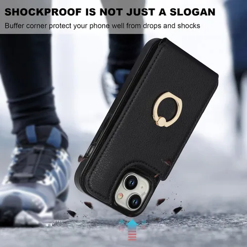 Vista 7 de Folosu Compatible con iPhone 15 Funda cartera con tarjetero con rotación de 360°, soporte de anillo de dedo con función atril, bloqueo RFID