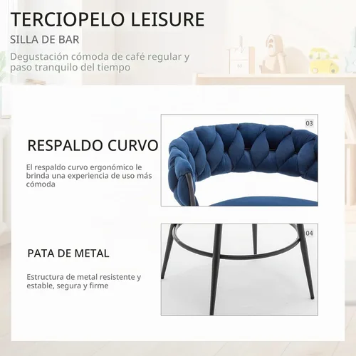 Vista 4 de Juego de 2 taburetes de bar giratorios modernos con respaldo tejido, taburetes de bar de terciopelo para isla de cocina, cafetería, pub, azul