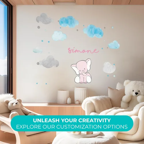 Vista 2 de Pegatina de pared para habitación de bebé, diseño de nubes y elefantes