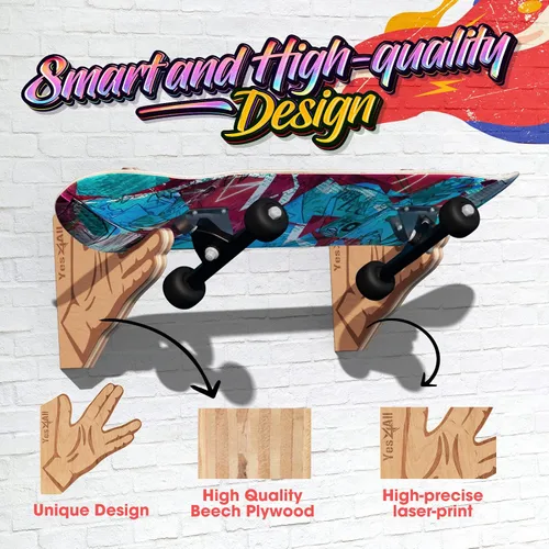 Vista 3 de Yes4All Estante único de madera para patineta, almacenamiento de longboard montado en la pared para decoración del hogar y organizador de garaje