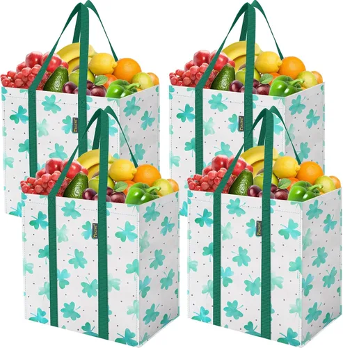 Vista 32 de BALEINE Paquete de 2 bolsas de comestibles reutilizables con parte inferior reforzada, bolsas plegables resistentes (follaje antiguo)