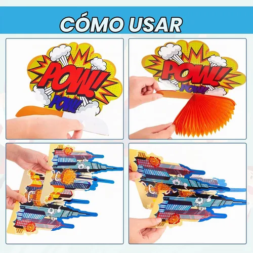 Vista 3 de 10 piezas de decoración de fiesta temática de héroe, centros de mesa 3D con temática de héroe, decoración de mesa de papel con palabras grandes