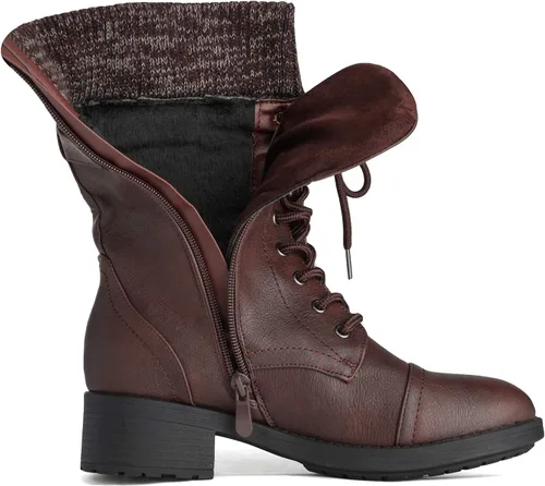 Vista 4 de DREAM PAIRS Botas militares de invierno con cordones a media pantorrilla para mujer