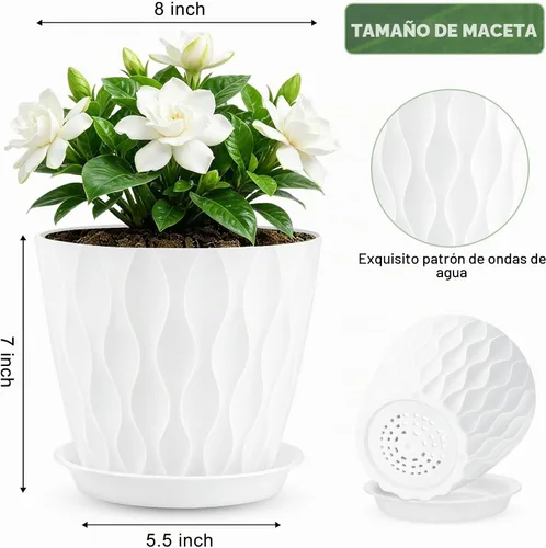 Vista 2 de YNNICO Macetas de 8 pulgadas, paquete de 6 macetas de plástico con drenaje Macetas de plástico blancas y ligeras, macetas de jardín para plantas