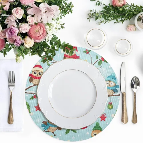 Vista 5 de Cute Cartoon Owls Round Place Mats, Non Slip Non Slip Washable Placemats for Kitchen Table one sizex4