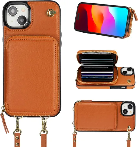Vista 12 de Bocasal Funda tipo cartera cruzada para iPhone 15 Plus, funda de piel con bloqueo RFID y soporte para tarjetas, funda protectora con cremallera