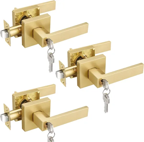 Vista 12 de EHOMEWARE - Juego de manijas de puerta delantera doble de latón, manija de puerta de latón cuadrado resistente en oro y cerradura de un solo