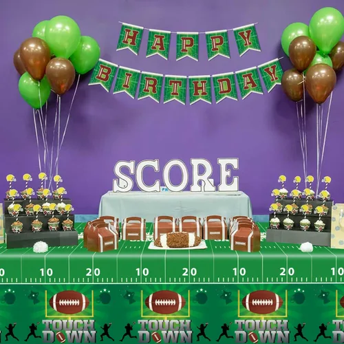 Vista 8 de Paquete de 4 manteles de fútbol americano, fundas para mesa de cumpleaños, fiesta temática de fútbol, mantel desechable para mesa de retorno